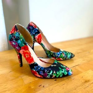 Black Multicolor Floral Patterned Pointed Toe Stiletto Pumps Heels